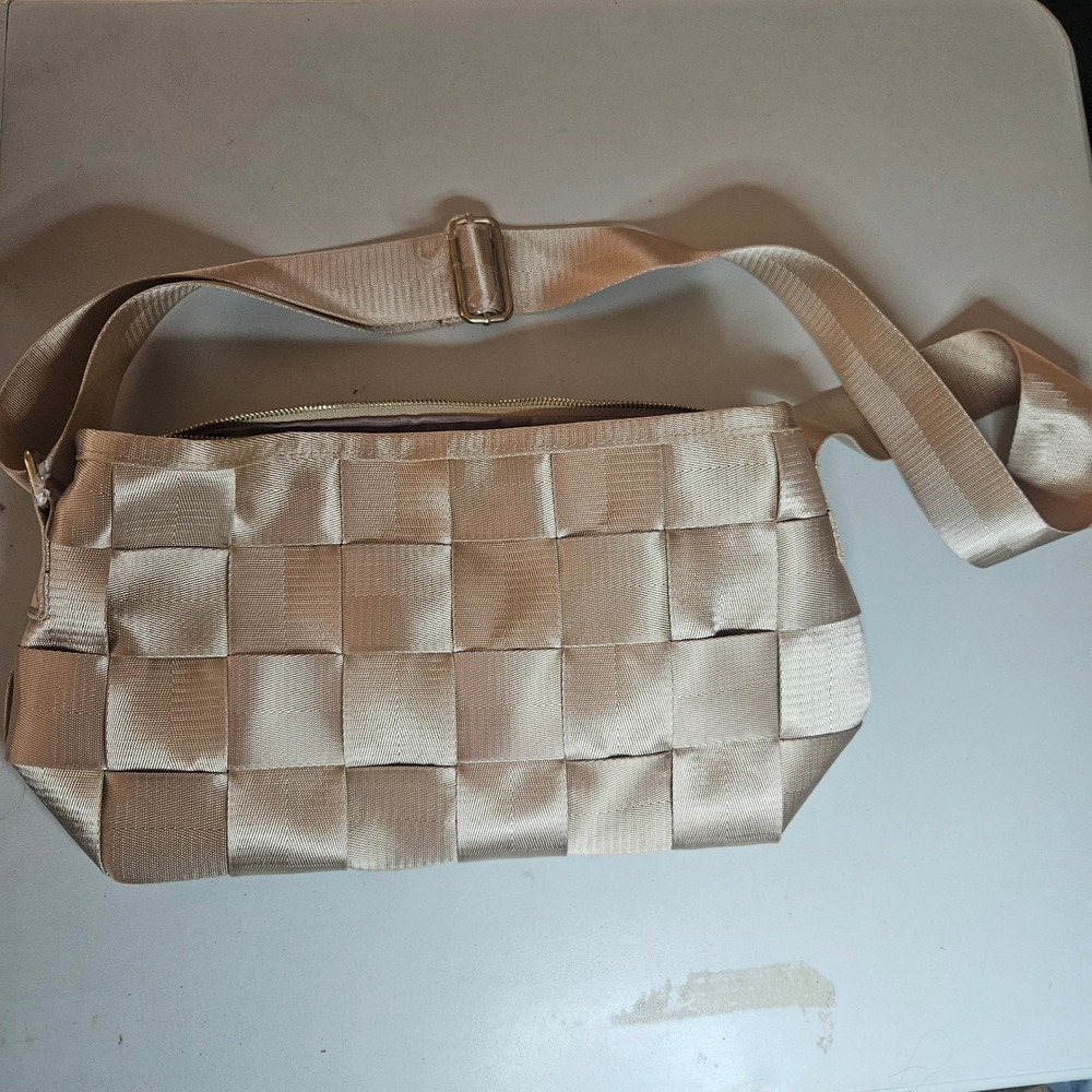 Woven Seatbelt Crossbody Bag Champagne Gold Metallic Adjustable Strap Satchel